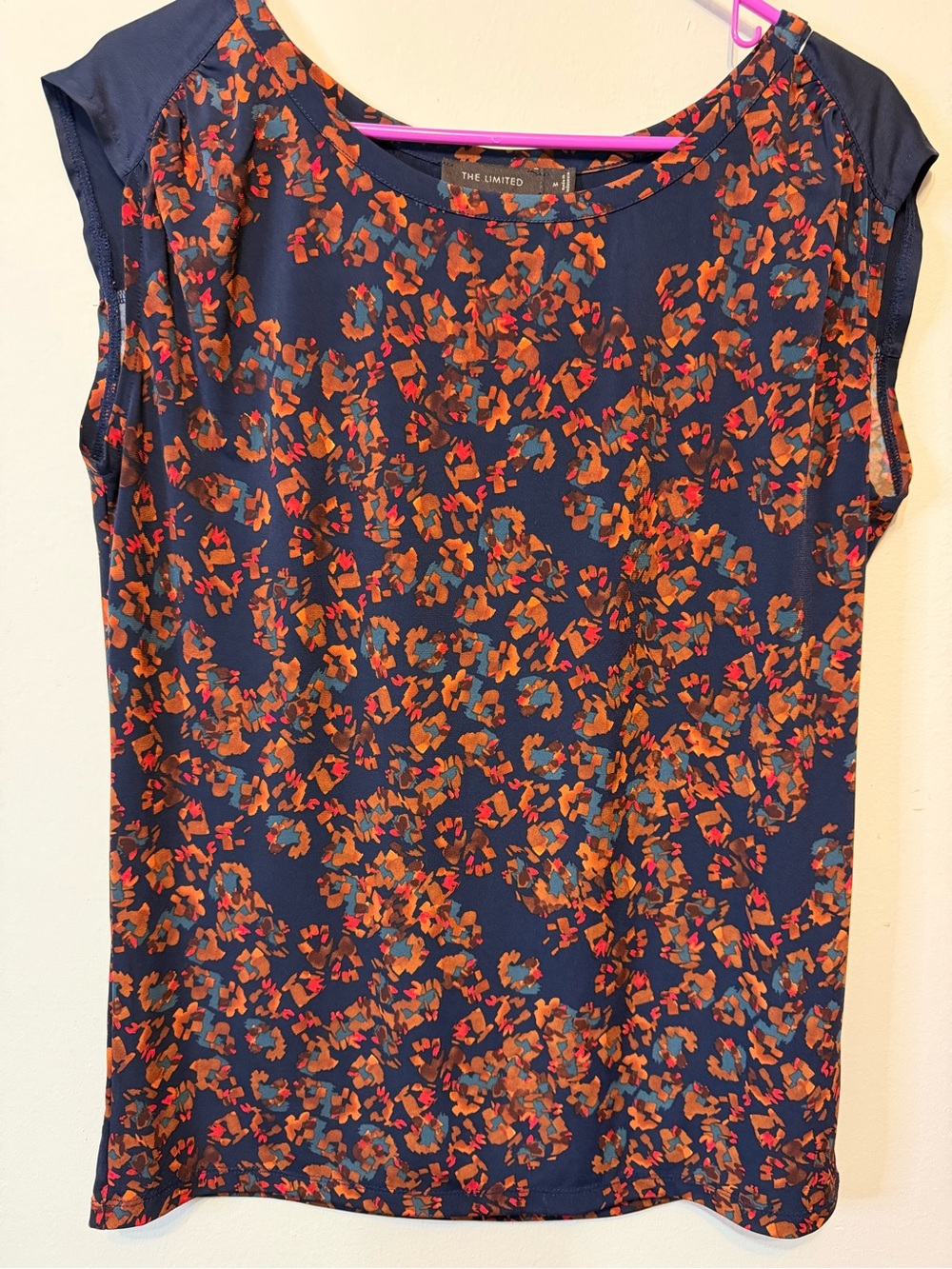 The Limited Navy Cap-Sleeve Floral Top with Orange Accents